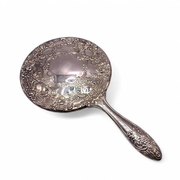 Antique Ornate Silver Handheld Vanity Mirror With Floral Engraving Etched Handle - Picture 2 of 11
